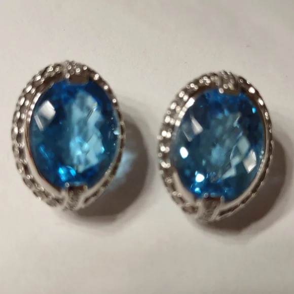 Hold For Sara- Blue Topaz earrings 14kt white gold, channel set diamonds, French - Picture 4 of 9